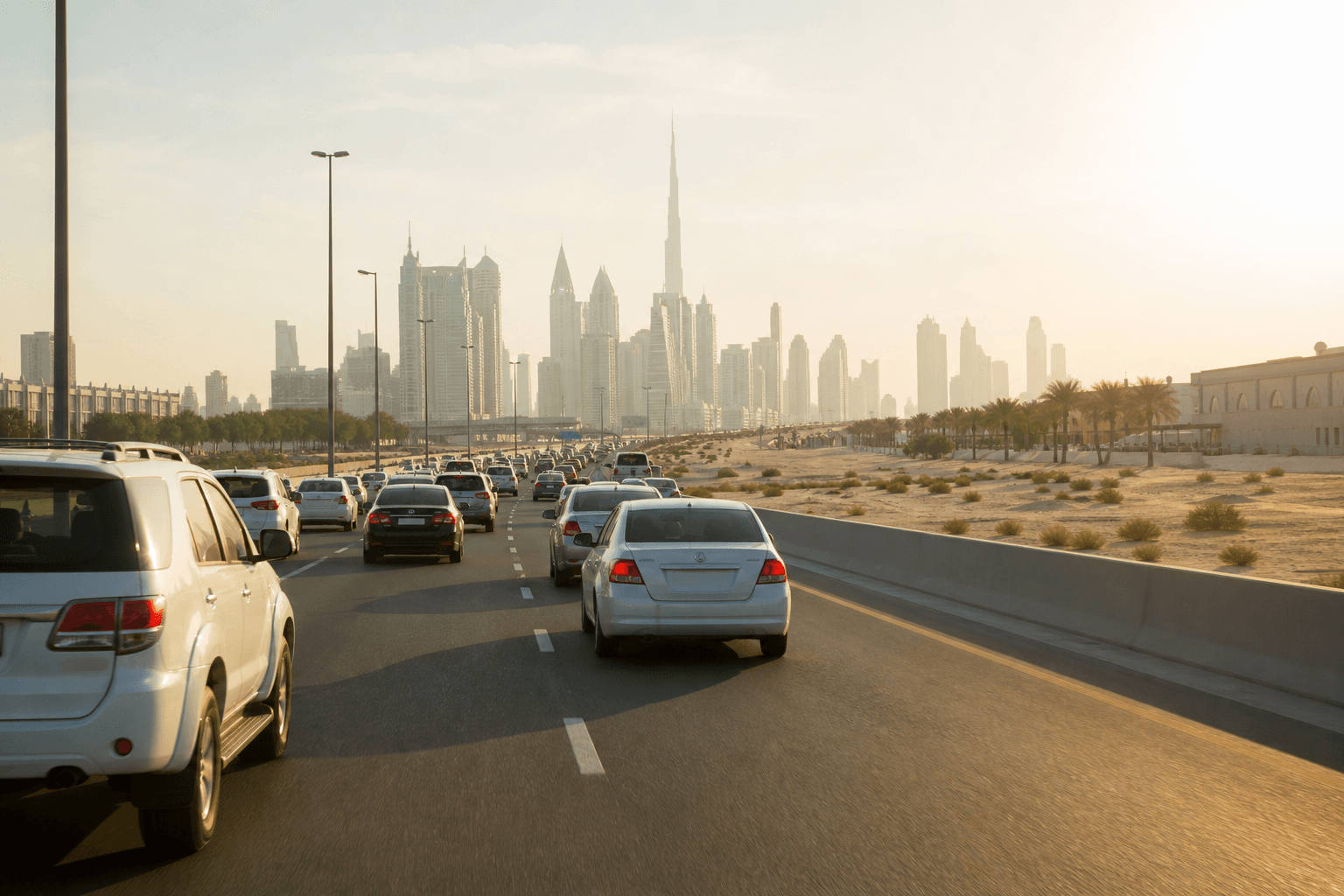 Busy UAE highway traffic for Dubai to Sharjah commuting